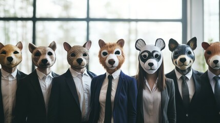 Animal mask business people: A group of business professionals wearing various animal masks during a creative office celebration