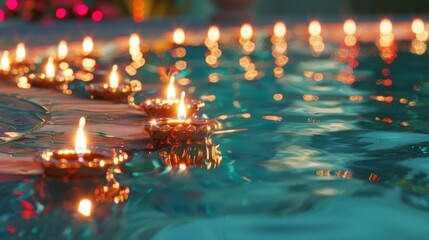 Lit diyas float on water with their warm glow reflected on the surface, evoking a peaceful and spiritual ambiance for Diwali celebrations.
