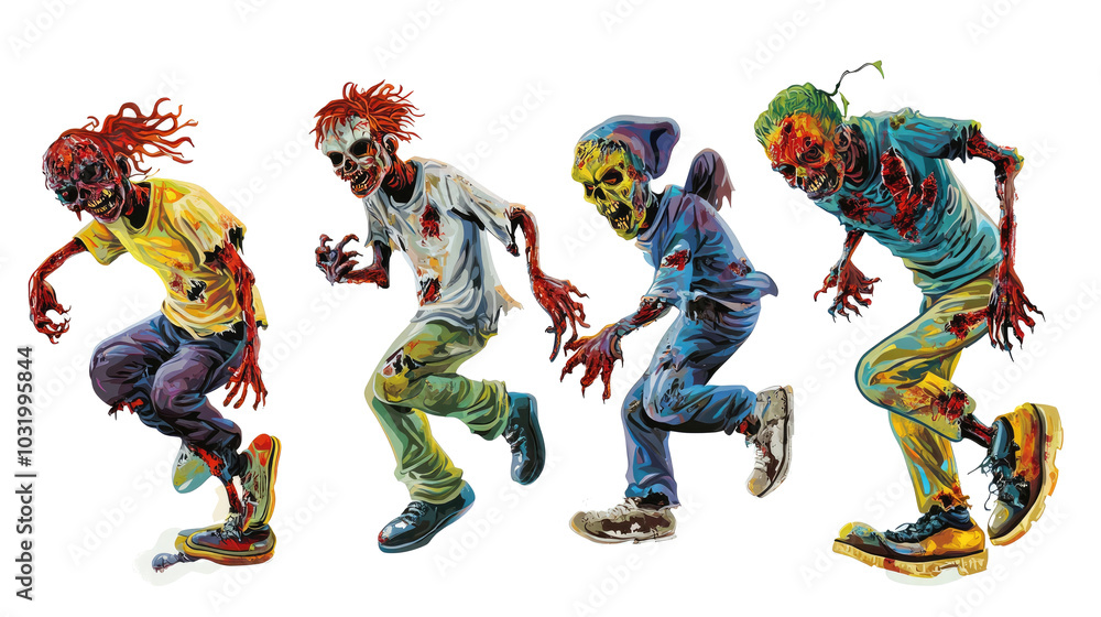 Poster dynamic zombie figures on transparent background generative ai