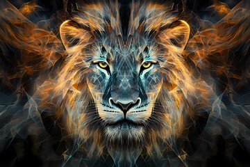 Fototapeta premium an image of a lion that combines intricate geometric patterns and bright colors to create an abstract, mystical image