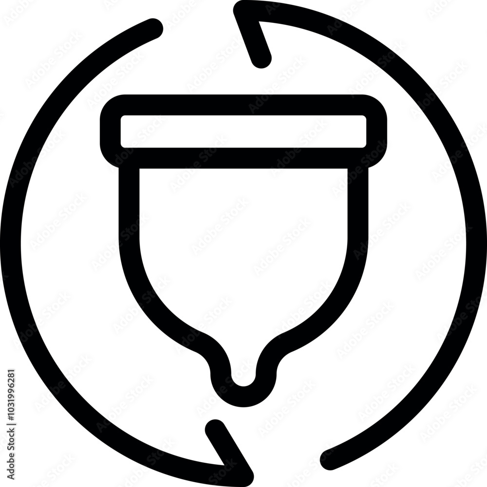 Poster bold line drawing of a reusable menstrual cup being pointed at by two circular arrows, emphasizing i