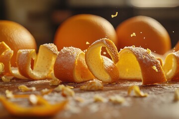 Fresh orange peels with whole oranges, ideal for culinary presentations.
