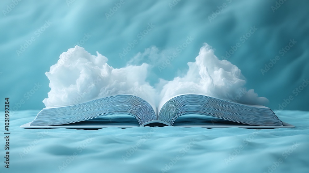 Poster futuristic 3d rendering for world book day showing an open book with floating pages on a minimalisti