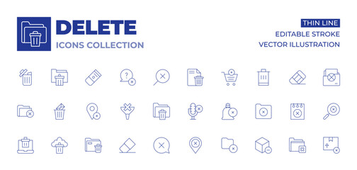 Delete icons collection. Thin Line icons, editable stroke. folder, money bag, note, remove, eraser, error, funnel, microphone, pin, recycle bin, email, paper bin