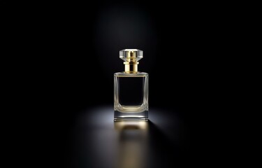 A clear glass bottle with a gold cap containing liquid stands on a black surface.