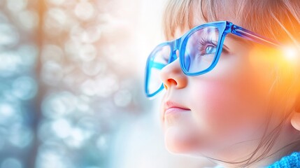 Young child wearing blue glasses focusing on distant tree outside window, symbolizing myopia prevention and importance of outdoor activities.