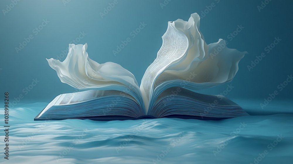 Poster futuristic 3d rendering for world book day showing an open book with floating pages on a minimalisti