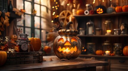 Fototapeta premium A glowing carved pumpkin sits on a wooden table surrounded by rustic autumn decor inside a cozy room, creating a warm and festive Halloween atmosphere.