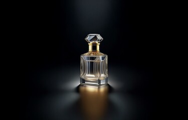 A single, elegant, clear glass perfume bottle with a gold cap sits on a dark surface with a soft spotlight.