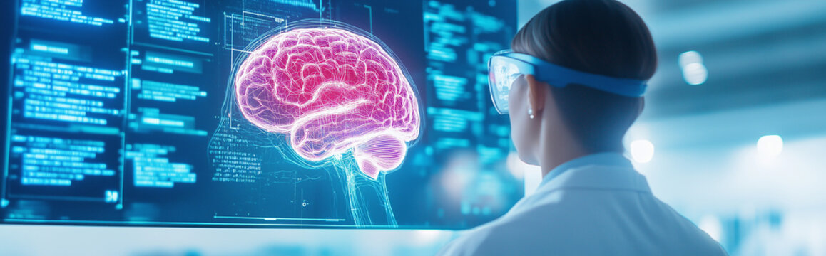 Medical Technology and AI in Healthcare Research and Data Analysis A scientist works in a cutting-edge laboratory using artificial intelligence (AI) to analyze healthcare data. The futuristic setting 