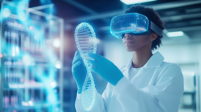 Scientist in VR Lab Analyzing Virtual DNA Strand A scientist is fully immersed in virtual reality, wearing a high-tech VR headset in a futuristic laboratory