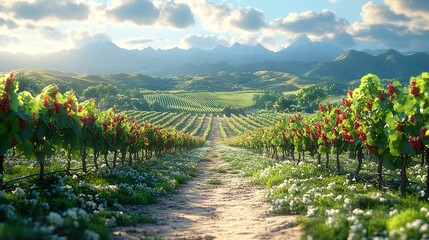 Obraz premium Lush Vineyard with Rows of Grapevines and Rolling Hills - Perfect for Wine Country Marketing Materials