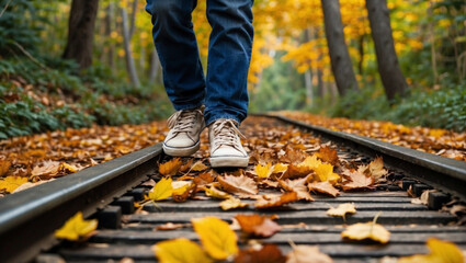 A person walking along a leaf-covered railway track surrounded by vibrant autumn colors in a peaceful forest