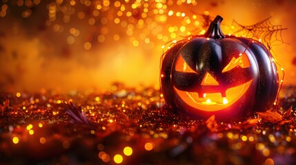 Fototapeta premium A glowing carved pumpkin in an autumn scene, surrounded by glowing lights and fall leaves, creating a spooky Halloween atmosphere.