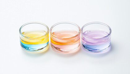 Three small glass containers filled with colored liquids: yellow, pink, and purple, arranged in a line against a white background.