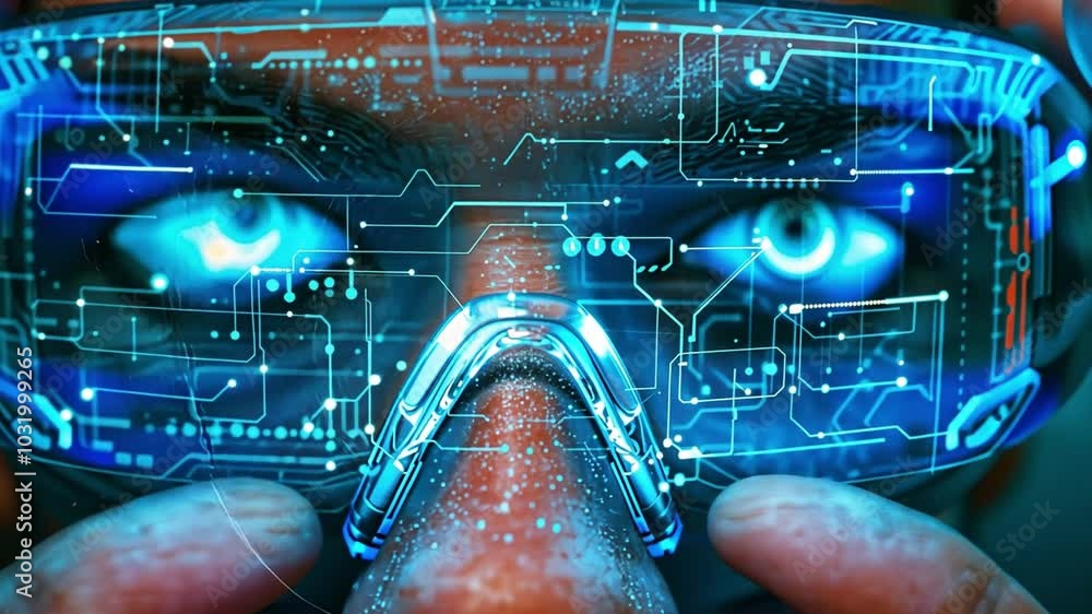 Poster A man engages with a vibrant digital interface using augmented reality glasses, surrounded by a high-tech setting that highlights innovative technology and advanced visuals.
