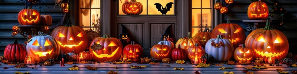 Obraz premium A Halloween alleyway with glowing jack-o'-lanterns, autumn leaves, and pumpkins creating a cozy and festive atmosphere.