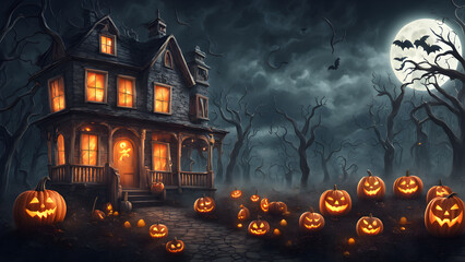 Haunted house in the distants no people, dark and shadowy, halloween punkins. ai generated.