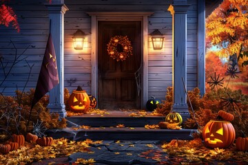Obraz premium A rustic porch with glowing jack-o'-lanterns and autumn leaves, creating a cozy and spooky Halloween atmosphere.