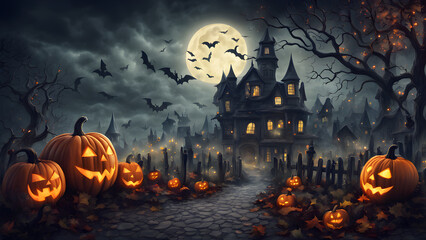 Haunted house in the distants no people, dark and shadowy, halloween punkins. ai generated.