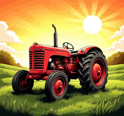 Obraz premium Red Tractor in Field at Sunset 