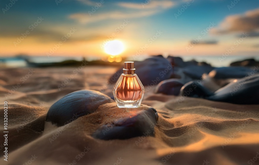 Wall mural a glass bottle of perfume sits on a smooth, gray rock resting in the sand. the sun sets in the dista