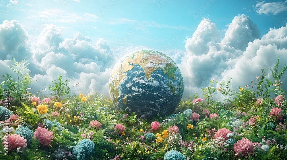 Poster generative ai earth day scene with a globe centered on a white background surrounded by nature eleme
