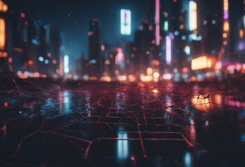 Fototapeta premium Night city Cyber punk landscape concept Light glowing on dark scene Night life Technology network fo