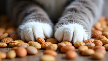 Cat paws on dry pet food, symbolizing choice and preference. Pet Care.
