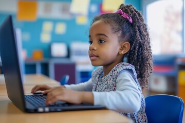 African American girl using laptop in classroom. Child making homework and using computer