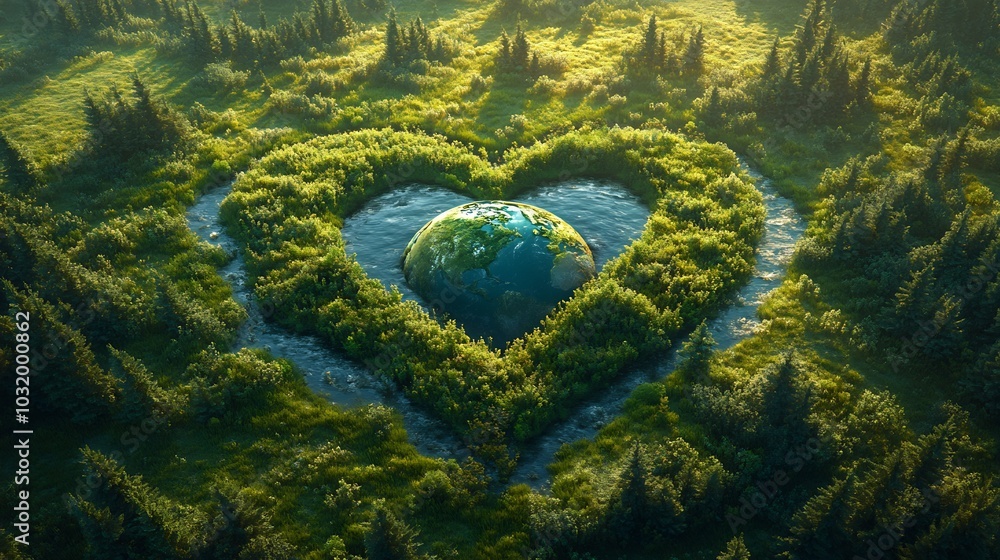 Poster generative ai scene showing a heartshaped earth embedded in a green meadow surrounded by tall trees 