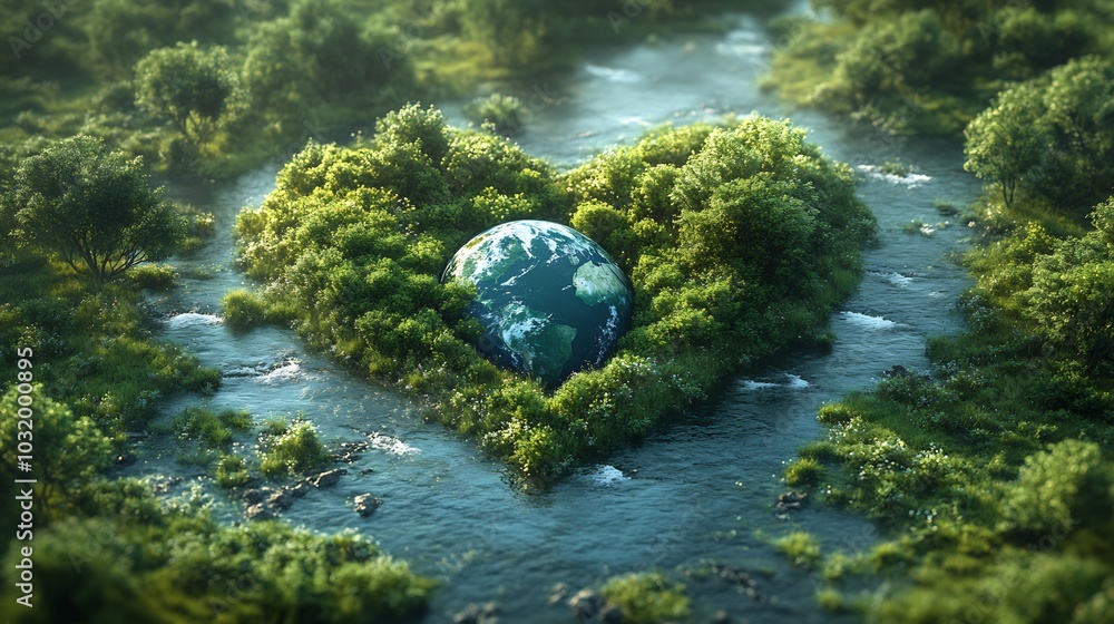 Poster generative ai scene showing a heartshaped earth embedded in a green meadow surrounded by tall trees 