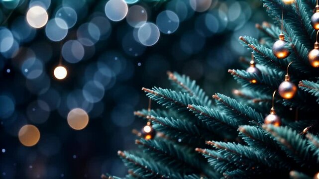 Winter video background for Merry Christmas and Happy New Year holidays with seasonal decor fir branches, pine tree, snowflakes, snow, on garland lights, bokeh, frosty banner. Seamless loop animation.