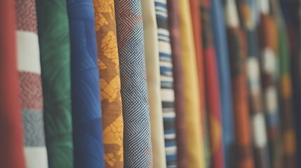 Colorful array of patterned fabrics showcasing diverse textile designs for fashion and home decor. Vibrant stripes, florals, and geometric prints in various hues ideal for sewing projects and interior