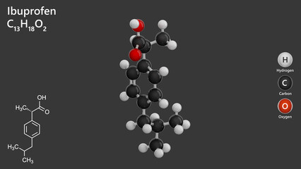 Molecule of Ibuprofen (C13H18O2), is a nonsteroidal anti-inflammatory drug (NSAID) used to relieve pain, reduce fever, and alleviate inflammation. Model: Ball and Stick. Gray back. 3d illustration