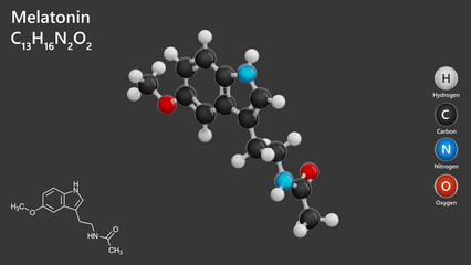 Molecule of Melatonine. A detailed model of a human hormone. Antioxidant. Molecular formula: C13H16N2O2. Chemical model: Ball and Stick. Gray background. 3d illustration