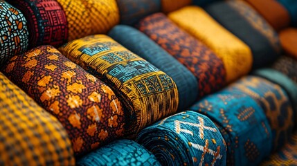 Fototapeta premium Colorful African fabric rolls displaying a rich array of patterns and hues for fashion, crafts, and cultural celebrations. Traditional textiles with intricate designs suitable for clothing, accessorie