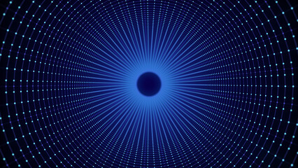 Cyber futuristic speed tunnel. Sci-fi wormhole. Abstract 3D wireframe portal with connections lines and dots. Data flow. Technology grid funnel. 3d rendering.