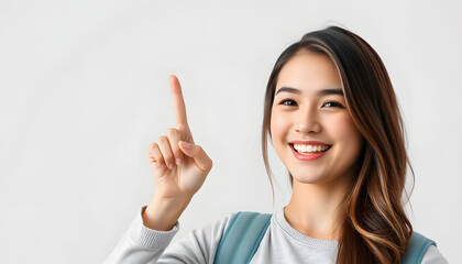 Teenager shows a sign of strength, happy female student, joyful expression and beautiful hair isolated with white highlights, png