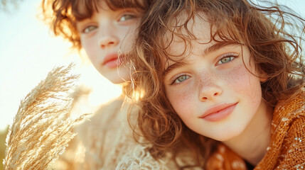 Two young brother and sister in warm sunlight, embracing the innocence of childhood, with freckles and gentle smiles, reflecting natural beauty, sisterhood, and trending lifestyle photography 