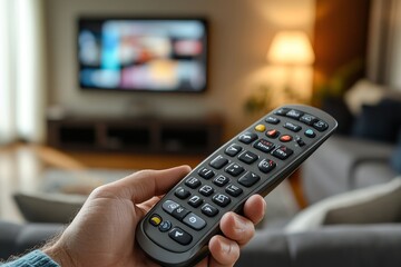 A man watches TV and uses the remote control, Generative AI
