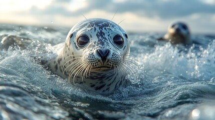 Fototapeta premium Playful Seals Dive Into Ocean Waves: Fun and Energetic Stock Photo