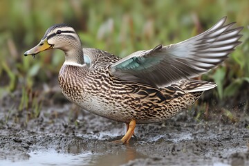 Fototapeta premium A mallard duck stands in a wetland, wings spread, showcasing its vibrant plumage.