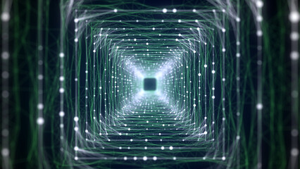 Cyber futuristic speed tunnel. Sci-fi wormhole. Abstract 3D wireframe portal with connections lines and dots. Data flow. Technology grid funnel. 3d rendering.