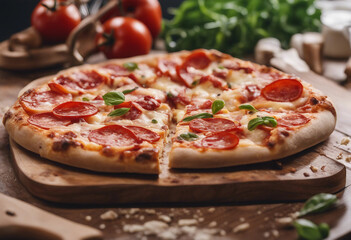 Pizza with cheese on top cut into slices on a wooden board with an isolated white background