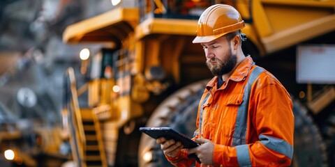 Engineer in orange safety gear with tablet at mining site