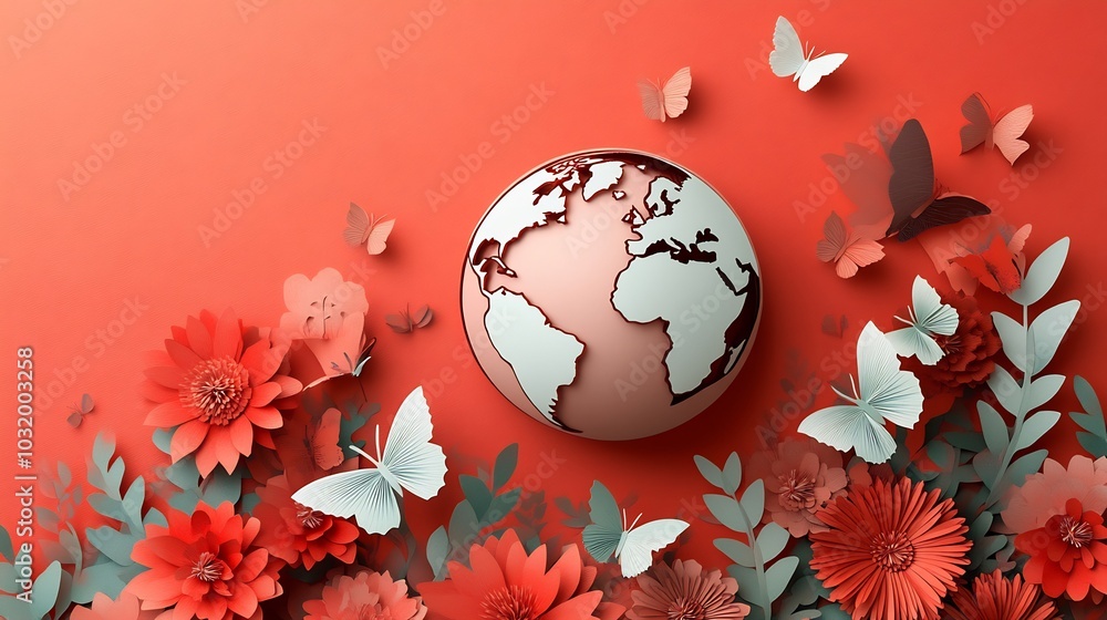 Poster globe in papercut style sitting on a minimalistic background with delicate butterflies and blooming 
