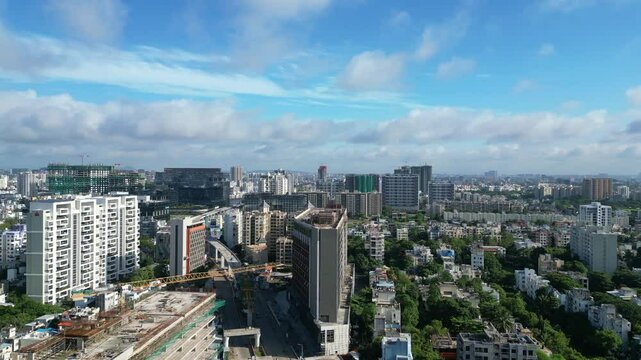 Pune IT park, Aerial view of Mumbai Pune City, Maharashtra, India. Drone shot of Mumbai skyline, beautiful cloudy weather during monsoon