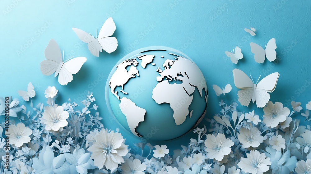 Poster globe in papercut style sitting on a minimalistic background with delicate butterflies and blooming 