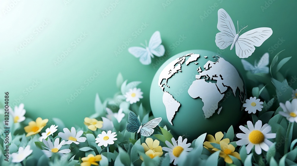 Poster globe in papercut style sitting on a minimalistic background with delicate butterflies and blooming 